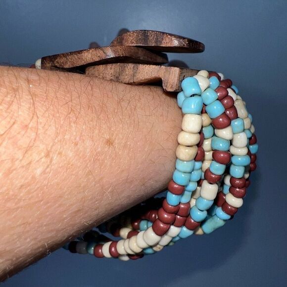 FREE w/ PURCHASE Multi Strand Seed Bead Bracelet, Vintage Wooden Hook Closure - Picture 2 of 5